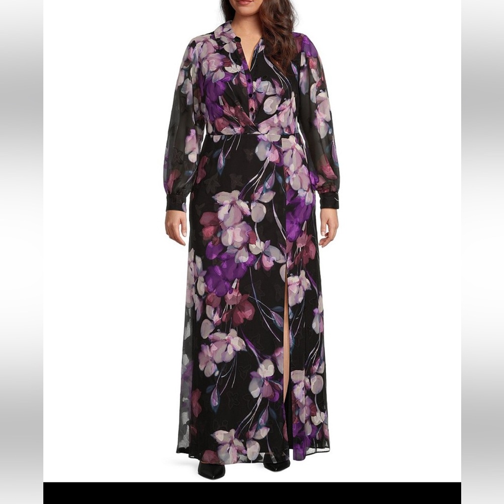 Adrianna Papell Long Sleeve Floral Print Chiffon Shirt Dress, NWT